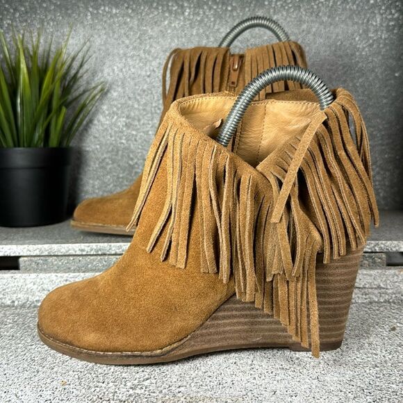 Lucky Brand Shoes - Lucky Brand Leather Fringe Ankle Booties Wedge Boots Size 6.5